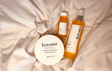 Load image into Gallery viewer, Kavana's Afterglow trio is non-toxic, hormone safe, plant powered body care at it's finest. Pictured, our mini travel size body oil, large body oil and large Body Cream, arranged side by side lying on a white blanket. Perfect for dry skin, especially in perimenopause and menopause.