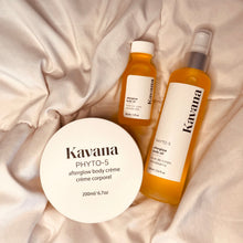 Load image into Gallery viewer, Kavana's Afterglow trio is non-toxic, hormone safe, plant powered body care at it's finest. Pictured, our mini travel size body oil, large body oil and large Body Cream, arranged side by side lying on a bed blanket. Perfect for dry skin, especially in perimenopause and menopause.
