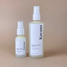 Load image into Gallery viewer, Kavana DEET free bug sprays, in 30ml/1o fl oz. and 120ml/ 4fl oz frosted clear glass bottles.