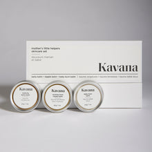 Load image into Gallery viewer, The perfect gift for new or expecting moms and babies, this trio of clean, non-toxic, mom and baby safe balms, is formulated with all natural ingredients, that help support moms and babies tender skin. The Stretchy Belly Balm, Nursing Mom Nipple Balm and Baby Bum Balm, are unscented and easy to identify in clearly labelled, round tins. The three tins come in an elegant, rectangular white box with a magnetic closure, an elegant and perfect gift for new mothers!