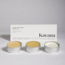 Load image into Gallery viewer, The perfect gift for new or expecting moms and babies, this trio of clean, non-toxic, mom and baby safe balms, is formulated with all natural ingredients, that help support moms and babies tender skin. The Stretchy Belly Balm, Nursing Mom Nipple Balm and Baby Bum Balm, are unscented and easy to identify in clearly labelled, round tins. The three tins come in an elegant, rectangular white box with a magnetic closure, an elegant and perfect gift for new mothers!