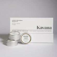 Load image into Gallery viewer, The perfect gift for new or expecting moms and babies, this trio of clean, non-toxic, mom and baby safe balms, is formulated with all natural ingredients, that help support moms and babies tender skin. The Stretchy Belly Balm, Nursing Mom Nipple Balm and Baby Bum Balm, are unscented and easy to identify in clearly labelled, round tins. The three tins come in an elegant, rectangular white box with a magnetic closure, an elegant and perfect gift for new mothers!