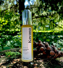 Load image into Gallery viewer, Kavana Phyto-5 Conditioning Beard oil is packed with plant power, including Avocado, Nigella, Hemp and Calendula, Comfrey, Echinacea, Plantain and Rosehip seed oil in a Sunflower oil base. This dropper bottle is seen here on a tree stump, with a pine cone and pine needles around it and a tree in the background.
