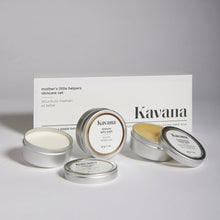 Load image into Gallery viewer, The perfect gift for new or expecting moms and babies, this trio of clean, non-toxic, mom and baby safe balms, is formulated with all natural ingredients, that help support moms and babies tender skin. The Stretchy Belly Balm, Nursing Mom Nipple Balm and Baby Bum Balm, are unscented and easy to identify in clearly labelled, round tins. The three tins come in an elegant, rectangular white box with a magnetic closure, an elegant and perfect gift for new mothers!