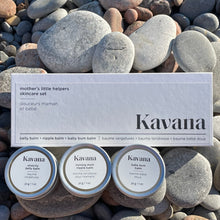 Load image into Gallery viewer, The perfect gift for new or expecting moms and babies, this trio of clean, non-toxic, mom and baby safe balms, is formulated with all natural ingredients, that help support moms and babies tender skin. The Stretchy Belly Balm, Nursing Mom Nipple Balm and Baby Bum Balm, are unscented and easy to identify in clearly labelled, round tins. The three tins come in an elegant, rectangular white box with a magnetic closure, an elegant and perfect gift for new mothers!
