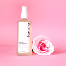 Load image into Gallery viewer, Kavana's bestselling Reviving Rose Glow Mist comes in Regular (4fl. oz/ 120ml) frosted glass bottle with spritzer, or convenient travel size 1fl.oz./30ml frosted glass bottle with spritzer. Instantly moisturize with this liquid serum, for hydration and glow on the go! All natural, no synthetic colourants or toxic ingredients in here!