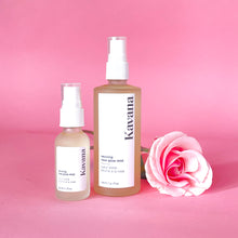 Load image into Gallery viewer, Kavana's bestselling Reviving Rose Glow Mist comes in a regular size (4fl. oz/ 120ml) frosted glass bottle with spritzer, or convenient travel size 1fl.oz./30ml frosted glass bottle with spritzer. Instantly moisturize with this liquid serum for hydration and glow on the go! All natural, no synthetic colourants or toxic ingredients in here!