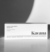 Load image into Gallery viewer, The perfect gift for new or expecting moms and babies, this trio of clean, non-toxic, mom and baby safe balms, is formulated with all natural ingredients, that help support moms and babies tender skin. The Stretchy Belly Balm, Nursing Mom Nipple Balm and Baby Bum Balm, are unscented and easy to identify in clearly labelled, round tins. The three tins come in an elegant, rectangular white box with a magnetic closure, an elegant and perfect gift for new mothers!