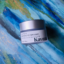 Load image into Gallery viewer, This luscious, rich blue tinted cream, goes on smooth, to calm irritated skin, inflammation, and deeply hydrate. Pictured here, in the frosted glass jar, with sbrushed silver cap, a 30ml/ 1 oz. size travel jar of this precious night cream. Perfect for sensitive skin, acne or redness or rosacea prone skin, and especially perfect for dry, winter skincare.