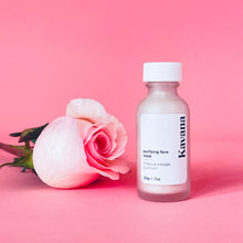 Load image into Gallery viewer, Kavana's Purifying Face Mask bottle, seen here, upright, against a pink background and a fresh rose, lying to it's side.