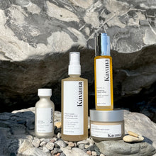 Load image into Gallery viewer, All of Kavana's Niaouli line pictured left to right: Foaming Face POlish, NEW! Redness Calm, Mattiying Mist with 2% Hyaluronic Acid, Kavana's Redness Calm Niaouli Face Cream, and Nourishing Niaouli Nectar, face oil for oily, redness, acne prone sensi-skin.