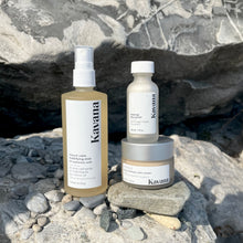 Load image into Gallery viewer, Almost all of Kavana's Niaouli line is pictured left to right: Kavana's NEW! Mattifying Niaouli Calm mist, with 2% Hyaluronic Acid (120ml/ 4oz frosted glass bottle), Kavana's Foaming Face Polish (30gr/ 1oz), Kavana's Niaouli Calm Redness Face Cream (50ml jar). The gentle skin support trio for oily, acne prone, sensi- skin.