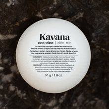 Load image into Gallery viewer, Natural, non-toxic, aluminum-free, synthetic fragrance free / perfume free, paraben free & pthalate-free, KAVANA's 'Eco-Deo' is a truly eco-friendly deoderant. Free of plastic packaging, this round deoderant bar, fits in the palm of your hand for easy use.  It's clean,  safe and really works to keep you dry and smelling fresh! Great if you're expecting, have sensitive skin, just want to detox from conventional deoderants. Contains ti-tri and lemongrass essential oils.