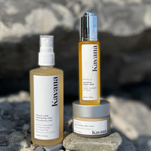 Load image into Gallery viewer, KAVANA's Phyto-5 Nourishing Niaouli Face Nectar, hydrates, while balancing and purifying sensitive, acne prone skin. Formulated with a blend of oil-balancing botanical oils to comfort and nourish combination to acne prone skin, including Moringa, Borage, Apricot, Sesame, Sea Buckthorn and a signature blend of 9 purifying essential oils.. Pictured with the Niaouli Redness Calm Mattifying Mist and Phyto-5 Niaouli Redness Calm Cream. Essentials for combination and acne prone skin.