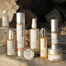 Load image into Gallery viewer, Pictured left to right: Kavana Skincare Essentials line of non-toxic, hormone safe products, including: Foaming Face Polish, Calming Milk Cleanser, Purifying Cream Cleanser, Eczema Calming Balm, Rose Glow Mist, Nourishing Niaouli Nectar, Phyto-5 Face Cream, Phyto-5 Luminous Eye Cream.
