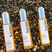 Load image into Gallery viewer, KAVANA's Phyto-5 Nourishing Niaouli Face Nectar, hydrates, while balancing and purifying sensitive, acne prone skin. Formulated with a blend of oil-balancing botanical oils to comfort acne prone skin, including Moringa, Borage, Apricot, Sesame, Sea Buckthorn and a signature blend of 9 purifying essential oils. Pictured with the other Nectars for mature skin (Cacao Immortelle Rich Nectar) and the Restorative Rose Nectar for sensitive ski prone to hot flashes, redness and rosacean.