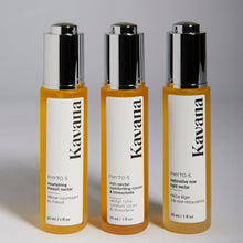 Load image into Gallery viewer, KAVANA's Phyto-5 Nourishing Niaouli Face Nectar, hydrates, while balancing and purifying sensitive, acne prone skin. Formulated with a blend of oil-balancing botanical oils to comfort acne prone skin, including Moringa, Borage, Apricot, Sesame, Sea Buckthorn and a signature blend of 9 purifying essential oils. Pictured with the other Nectars for mature skin (Cacao Immortelle Rich Nectar) and the Restorative Rose Nectar for sensitive ski prone to hot flashes, redness and rosacean.