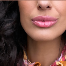 Load image into Gallery viewer, Model Kristel&#39;s lips are seen in tight close up, wearing a sheer peach lip oil- Kavana&#39;s Phyto-5 TInted lip oil shade in Coraline.
