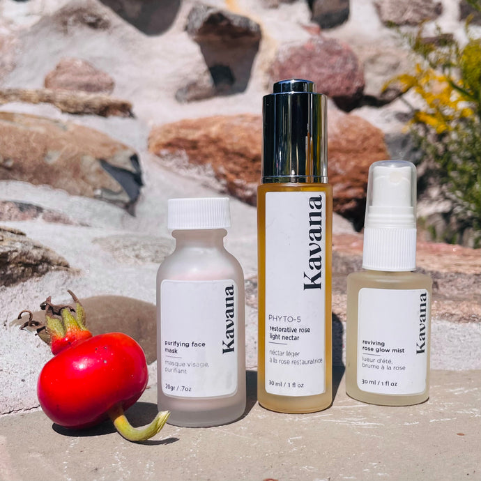 Kavana's La Vie En Rose skincare Trio includes the Purifying Face Mask, Restorative Rose Nectar, Reviving Rose Glow Mist, all in 30ml formats. There is a large rosehip to the left of these bottles in the photo, and a stone wall in the background.