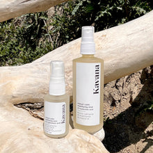 Load image into Gallery viewer, Left to right pictured: Niaouli Mattifying Mist mini- travel size 30ml/ 1fl. oz and Large (120ml/ 4fl oz) in a fosted glass bottle with mister/spray closure. Helps mattify skin, and acts as a makeup finishing spray and helps tone redness down on contact too. 
