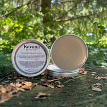 Load image into Gallery viewer, Kavana&#39;s Phyto-5 Boreal Beard balm, comes in a small,reusable and recyclable aluminum tin. Seen here on the forest floor, amongst the trees. 

