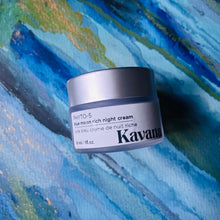 Load image into Gallery viewer, This luscious, rich blue tinted cream, goes on smooth, to calm irritated skin, inflammation, and deeply hydrate. Pictured here, in the frosted glass jar, with sbrushed silver cap, a 30ml/ 1 oz. size travel jar of this precious night cream. Perfect for sensitive skin, acne or redness or rosacea prone skin, and especially perfect for dry, winter skincare.
