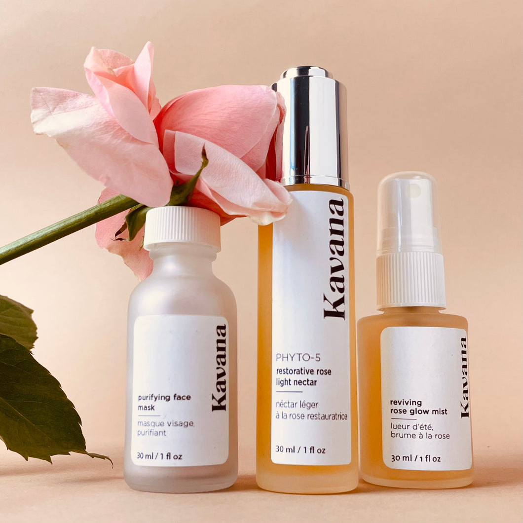 The perfect trio for sensitive skin, Kavana's Purifying Face Mask, Restorative Rose Light Nectar and Reviving Rose Glow mist (30ml/1floz) travel size all pictured here, make up the 