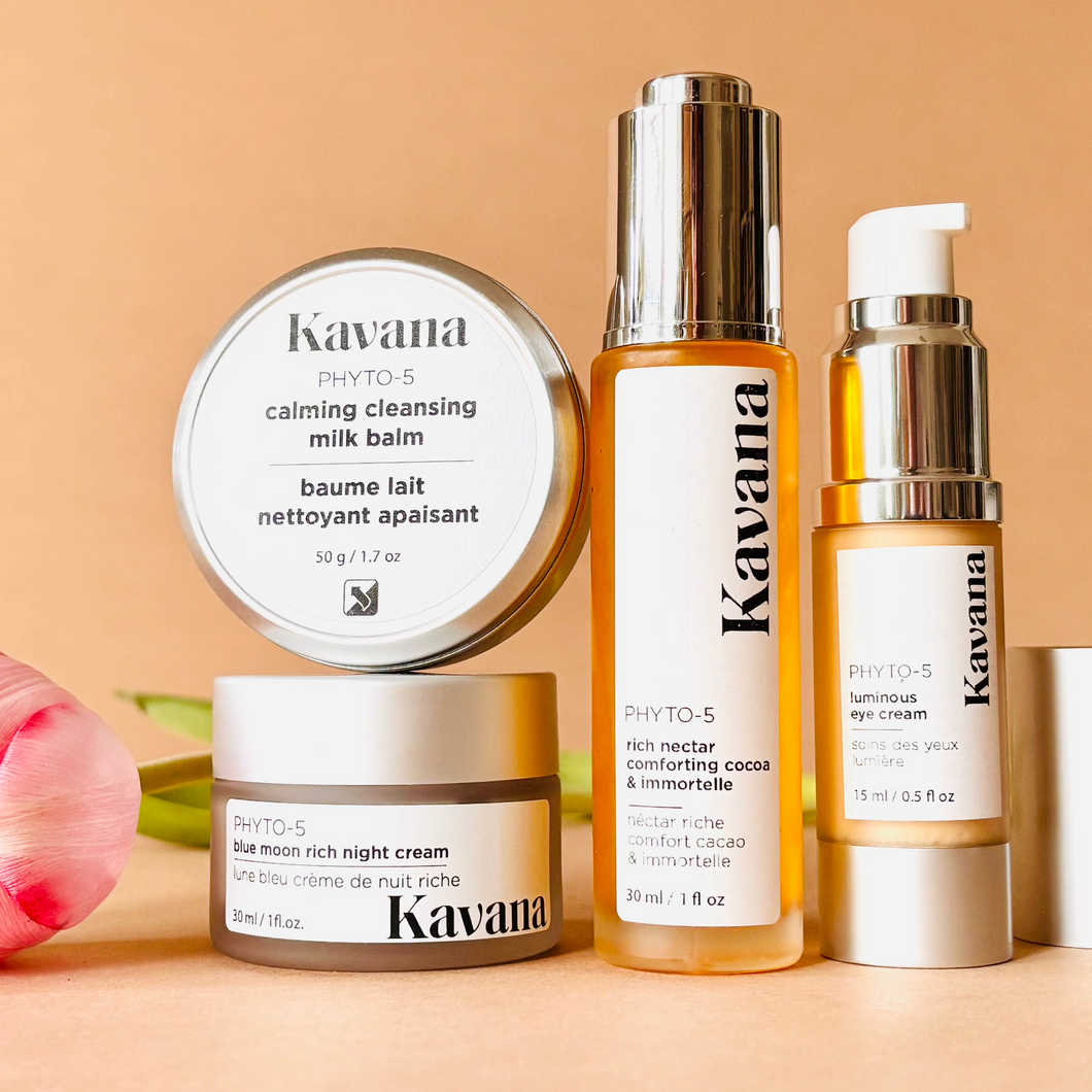 The comforting PHYTO-5 calming cleansing balm, Blue Moon Rich Night Cream, Comforting Cocoa Rich nectar, and Luminous Eye Cream, are the perfect quartet for dry skin that needs a boost of deep, rich hydration at every level.