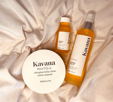 Load image into Gallery viewer, Kavana&#39;s Afterglow trio is non-toxic, hormone safe, plant powered body care at it&#39;s finest. Pictured, our mini travel size body oil, large body oil and large Body Cream, arranged side by side lying on a bed blanket.  Perfect for dry skin, especially in perimenopause and menopause.
