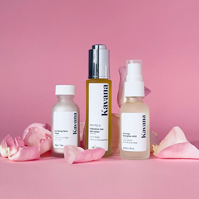 The perfect trio for sensitive skin, Kavana's Purifying Face Mask, Restorative Rose Light Nectar and Reviving Rose Glow mist (30ml/1floz) travel size all pictured here, make up the 