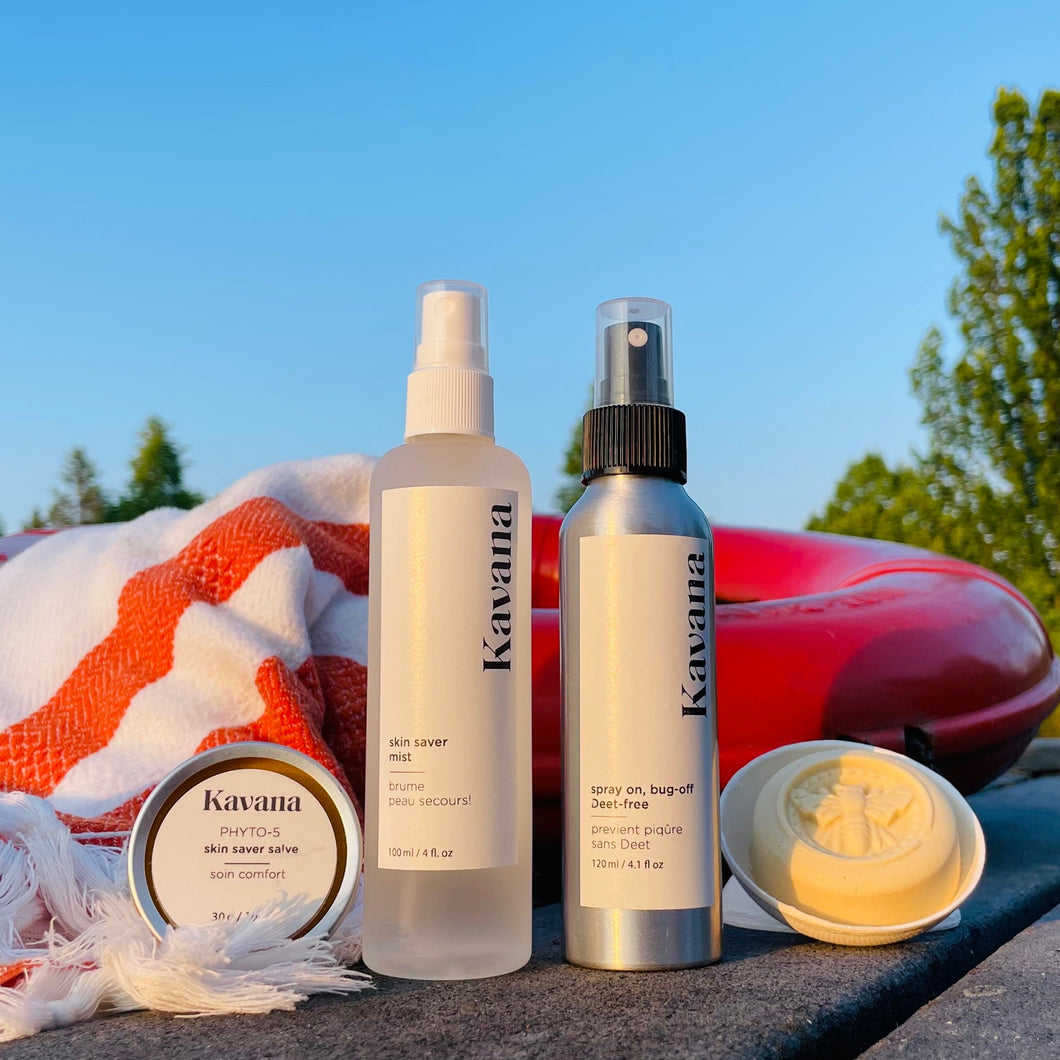 Skin Saver Salve, Skin Saver Mist with Hypochlorous Acid and Hyaluronic Acid, Deet free Bug off spray and Eco Deodorant bar. All the camping essentials you need!