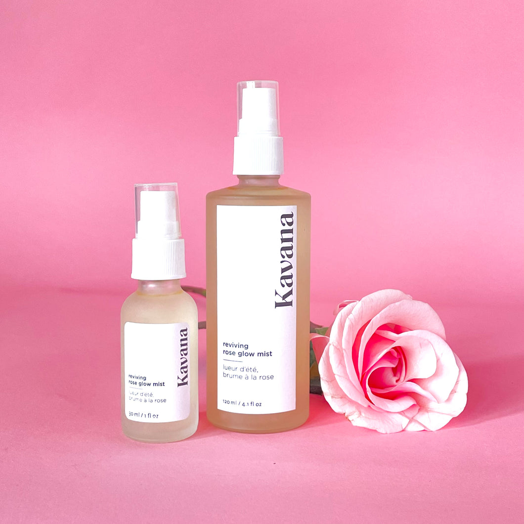 Kavana's bestselling Reviving Rose Glow Mist comes in a regular size (4fl. oz/ 120ml) frosted glass bottle with spritzer, or convenient travel size 1fl.oz./30ml frosted glass bottle with spritzer. Instantly moisturize with this liquid serum for hydration and glow on the go! All natural, no synthetic colourants or toxic ingredients in here!