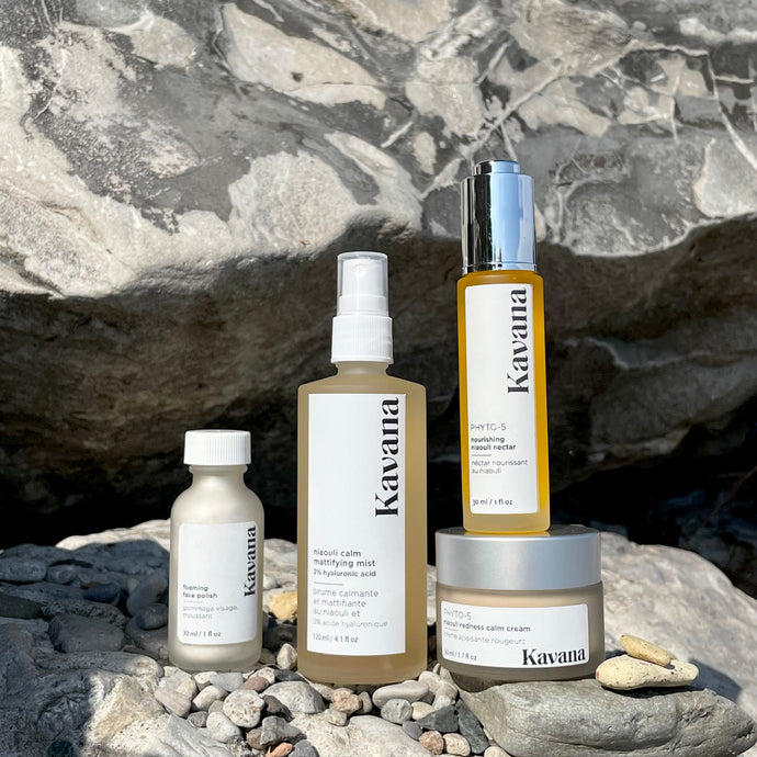Kavana's Niaouli Calm set from left to right pictured: Foaming face Polish, Niaouli Calm Mattifying Mist, Niaouli Redness Calm Cream, Nourishing Niaouli Nectar.
