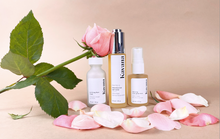 Load image into Gallery viewer, The perfect trio for sensitive skin, Kavana&#39;s Purifying Face Mask, Restorative Rose Light Nectar and Reviving Rose Glow mist (30ml/1floz) travel size all pictured here, make up the &quot;La Vie En Rose&#39; Kavana Skincare trio..
