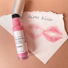 Load image into Gallery viewer, Kavana&#39;s Phyto-5 Tinted lip Treatment oil in the shade &#39;Coquine&#39;, is a sheer, flirty, Parisian Pink, with cool blue undertones. An everyday, passe partout, it goes with everything on everyone! The love note underneath reads &#39;bises bises&#39; overtop of a lip print in the colour Coquine
