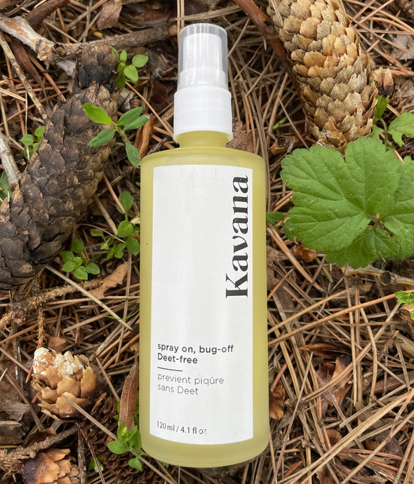 Kavana bug-off spray, is a non-toxic, all-natural ingredient bug spray, powered by bug-repelling essential oils. Deet free and citronella free. Handmade in Toronto to help effectively repel bugs.  Simply spray on and let it dry. Do not use on broken skin and best to patch test for children. Excellent for camping, hiking or outdoor time in nature in warmer months when bugs abound!