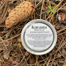 Load image into Gallery viewer, Kavana&#39;s Phyto-5 Boreal Beard balm, comes in a small,reusable and recyclable aluminum tin. Seen here on the forest floor, amongst the pine cones and twigs. 

