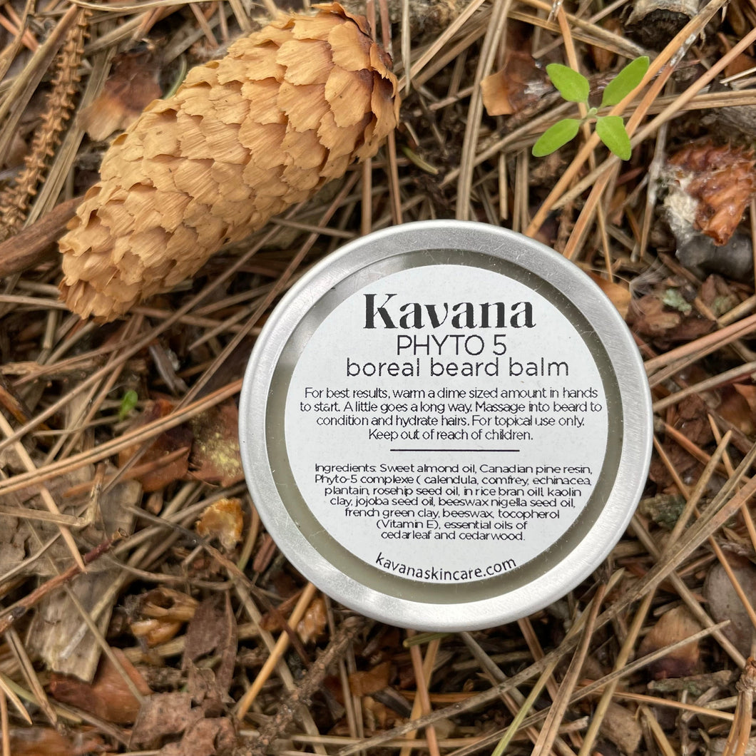 Kavana's Phyto-5 Boreal Beard balm, comes in a small,reusable and recyclable aluminum tin. Seen here on the forest floor, amongst the pine cones and twigs. 