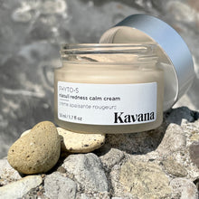 Load image into Gallery viewer, Packed with skin friendly plant extracts of calendula, comfrey, echinacea, plantain, rosehip seed oil, rice bran oil, willow bark extract, Sea Buckthorn seed oil, French Green and Pink clays and zinc oxide and a vegetable wax that enhances the velvety dry down of this mattifying and redness calming cream by Kavana Skincare, this cream is perfect alone or under makeup. A matte silver cap on a frosted glass jar, means this gorgeous container is refillable, recyclable and fully reusable. Win-win!
