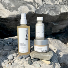 Load image into Gallery viewer, Almost all of Kavana&#39;s Niaouli line is pictured left to right: Kavana&#39;s NEW! Mattifying Niaouli Calm mist, with 2% Hyaluronic Acid (120ml/ 4oz frosted glass bottle), Kavana&#39;s Foaming Face Polish (30gr/ 1oz), Kavana&#39;s Niaouli Calm Redness Face Cream (50ml jar). The gentle skin support trio for oily, acne prone, sensi- skin.
