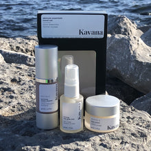 Load image into Gallery viewer, The perfect gift for the holidays: a starter kit of skincare essentials, so you can keep your glow on the go! Includes KAVANA Purifying Cream Cleanser (30ml) KAVANA Rose Glow Mist (30ml) KAVANA PHYTO-5 Face Cream (30ml). All natural, non-toxic skincare, travel/ airport friendly, skincare essentials, for all skin types. Includes a cleanser (30ml), toner (30ml) and moisturiser / moisturizing face cream (30ml). 
