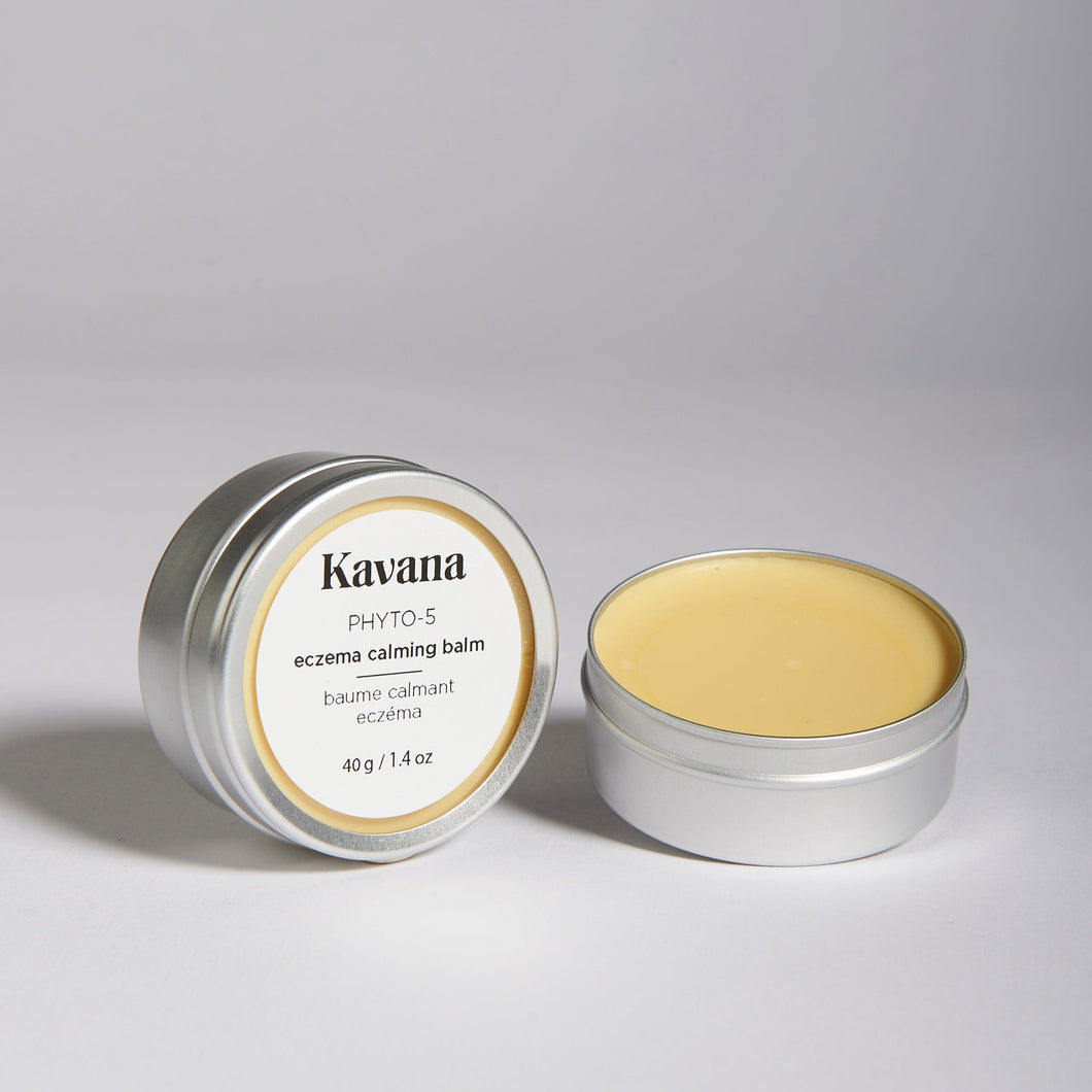 KAVANA's Phyto-5 Eczema balm helps you get relief from your eczema symptoms. Powered by KAVANA's signature blend of Phyto-5, five healing plants including Rosehip seed oil, Calendula, Plantain, Echinacea, Comfrey to heal and protect skin, it also has marshmallow root, non-nano zinc oxide, Neem oil, Sea bBuckthorn seed oil and Yarrow to calm inflamed skin.