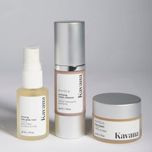 Load image into Gallery viewer, The perfect gift for the holidays: a starter kit of skincare essentials, so you can keep your glow on the go! Includes KAVANA Purifying Cream Cleanser (30ml) KAVANA Rose Glow Mist (30ml) KAVANA PHYTO-5 Face Cream (30ml). All natural, non-toxic skincare, travel/ airport friendly, skincare essentials, for all skin types. Includes a cleanser (30ml), toner (30ml) and moisturiser / moisturizing face cream (30ml). 
