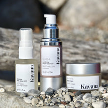 Load image into Gallery viewer, The perfect gift for the holidays: a starter kit of skincare essentials, so you can keep your glow on the go! Includes KAVANA Purifying Cream Cleanser (30ml) KAVANA Rose Glow Mist (30ml) KAVANA PHYTO-5 Face Cream (30ml). All natural, non-toxic skincare, travel/ airport friendly, skincare essentials, for all skin types. Includes a cleanser (30ml), toner (30ml) and moisturiser / moisturizing face cream (30ml). 
